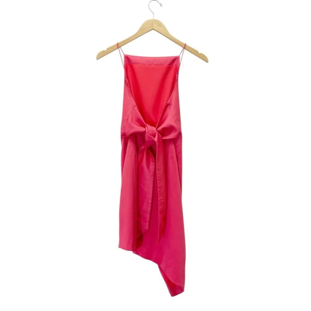 ELLIATT Satin Asym Mini Dress Melon Coral Pink Open Back Bow XS Party Cocktail